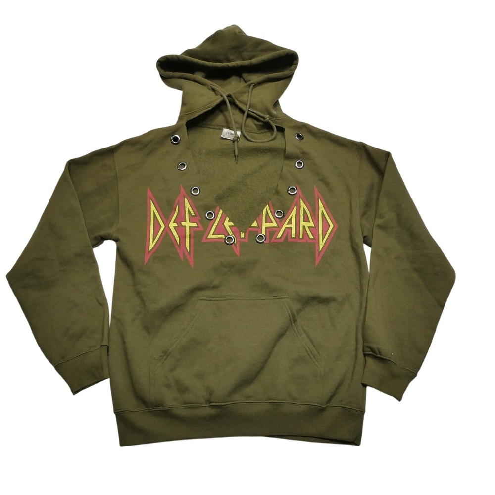 Def Leppard Hoodie Sweatshirt Womens Small Green V Neck Studded‎ Band Graphic